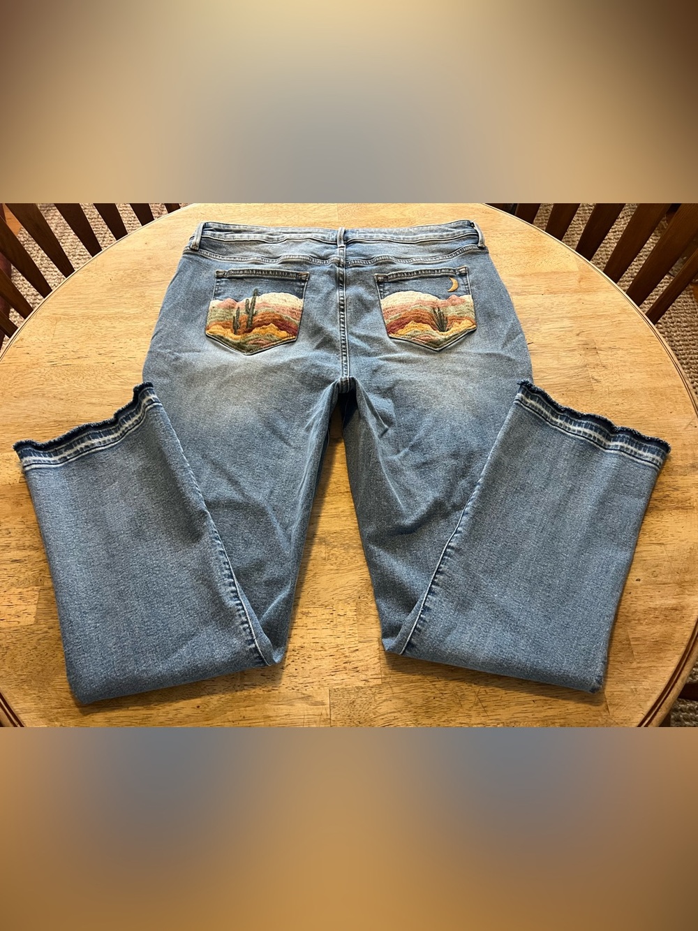 DRIFTWOOD Wyatt Straight Jeans with Desert Embroidered Pockets Raw Hem Altered